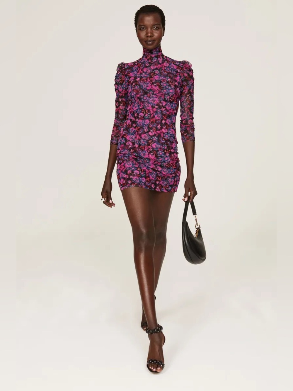 MISA Los Angeles Floral Mesh Ruched Mini Dress S